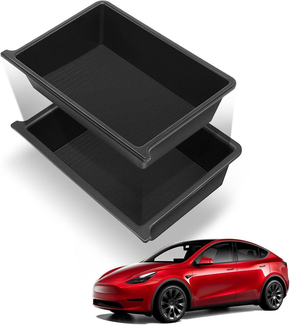 YHTAUTO Under Seat Storage Box Fit for Tesla Model Y 2020 2022 2023 2024 2025 2026, Double Layer ABS TPE Inner Outer Box, Hidden Organizer Box Underseat Organizer Tray, Model Y Accessories