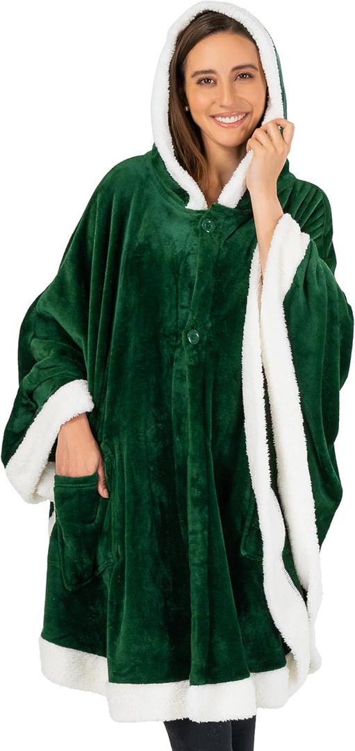 PAVILIA Wearable Blanket for Adult Women, Cozy Plush Fleece Blanket Poncho Cape with Hood, Super Soft Shawl, Angel Wrap Throw for Office, Emerald Green