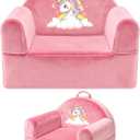 Kids Sofa Chair with Removable Washable Cover & Magic-Tape Backrest Toddler Chair, Cozy Crystal Velvet Furniture for Playtime, Naps & Travel (Soft Pink, Unicorn Design)