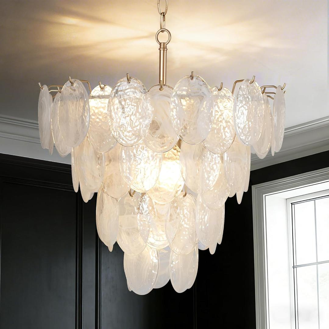 9-Light Modern Gold Chandelier, D21 Cloud Glass Pendant Light Fixture, 4 Tier Round Crystal Glass Chandelier Lighting for Living Room Bedroom Dining Room Kitchen Entryway