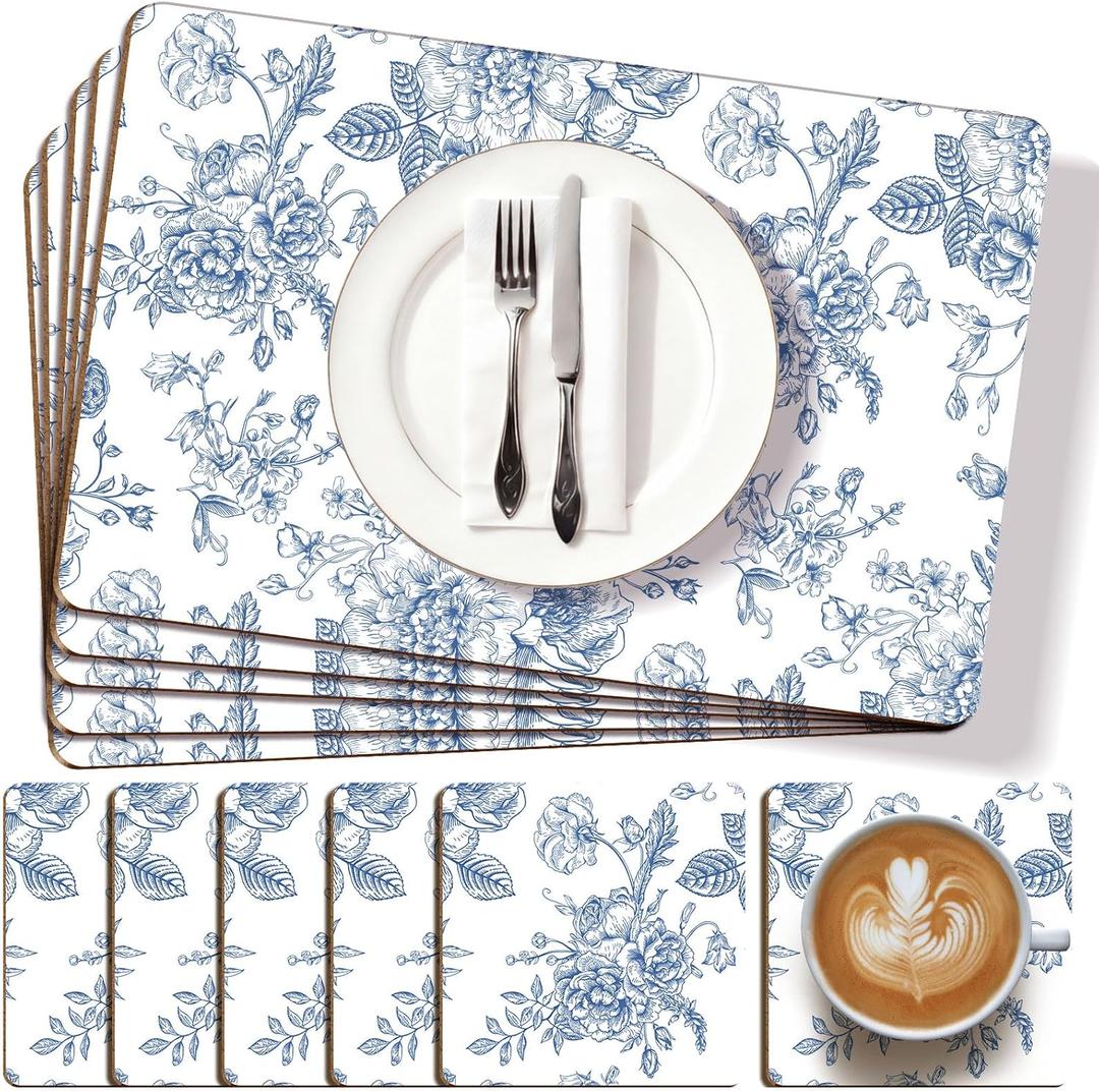 LemonRoad 6 Sets Blue and White Floral Cork Placemats 16x12 Inches Heat Cork Backed Placemat and 6 Coasters Retro Backing Table Mats Square Coasters for Rustic Kitchen Dinner Table Setting Supplies