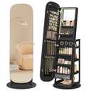 SONGMICS LED Jewelry Cabinet, 360° Swivel Jewelry Organizer, Lockable Mirror Jewelry Cabinet Standing, Rounded Wide Full-Length Mirror with Storage Shelves, Interior Mirror, Ebony Black UJJC036B01