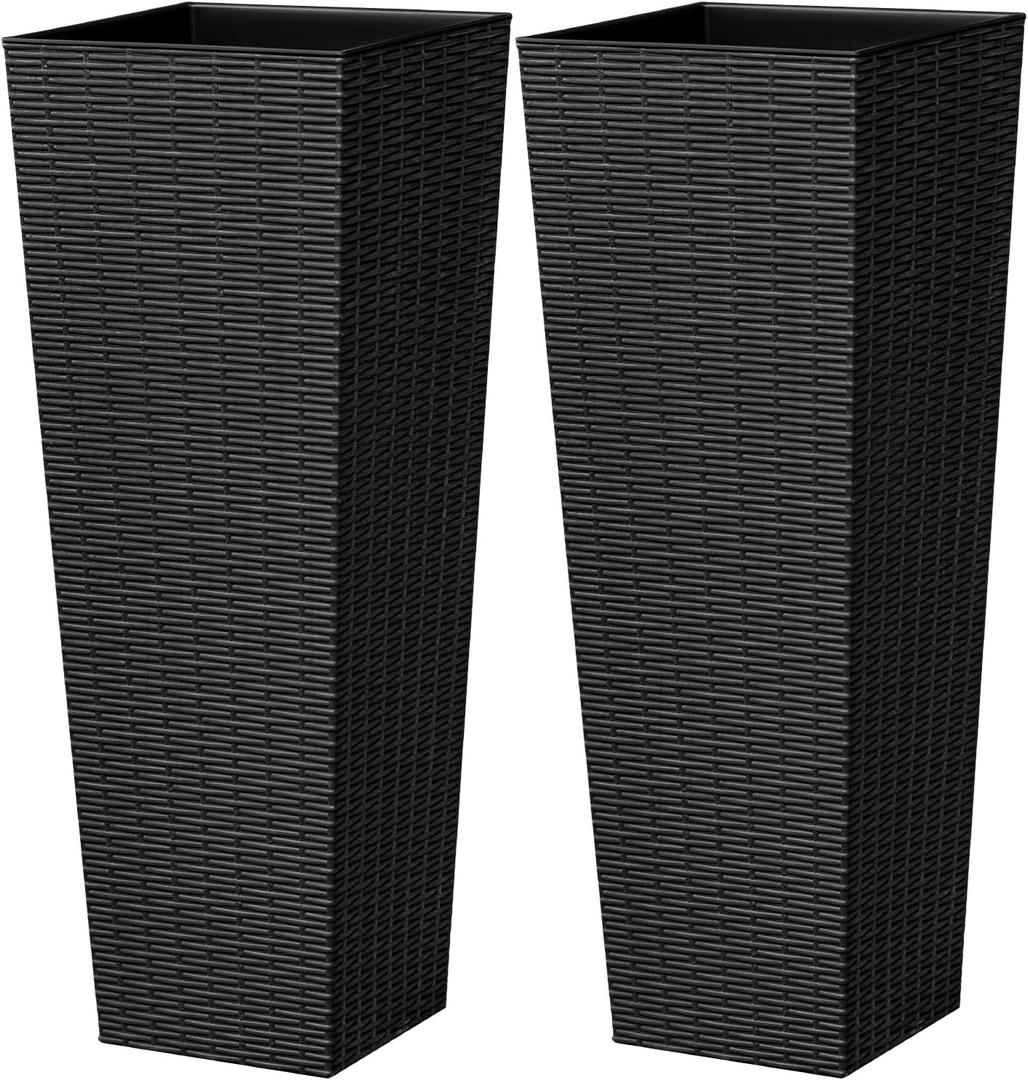 Greesum 32 Inch Tall Plastic Planters with Rattan Texture  Set of 2, Detachable Inner Pot & Drainage Holes, Indoor/Outdoor Decorative Flower Pots for Large Plants, Trees, Patio, and Garden, Black