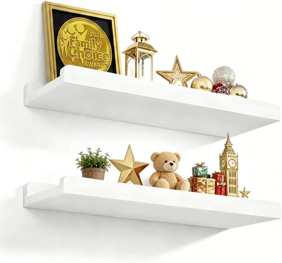 Love-KANKEI Floating Shelves Wall Mounted Set of 2, 17 Inch Rustic Wood Wall Shelves for Storage, Bedroom Living Room Bathroom Kitchen Office and More, White