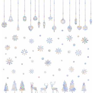 Christmas Window Clings Snowflake Bell Static Cling Xmas Deer Pine Tree Window Decals Winter Snow Prismatic Vinyl Stickers Anti-Collision Window Stickers for Bird Strikes Suncatcher Stickers
