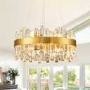Siljoy Modern Crystal Chandelier, Luxury Gold Round 2 Tiers K9 Crystal Raindrop Chandelier, 12-Light Flush Mount Ceiling Light Fixture for Dining Living Room Kitchen Island Entryway Foyer D19.7'' (Round D19.7'', Gold (Only Clear Crystal))