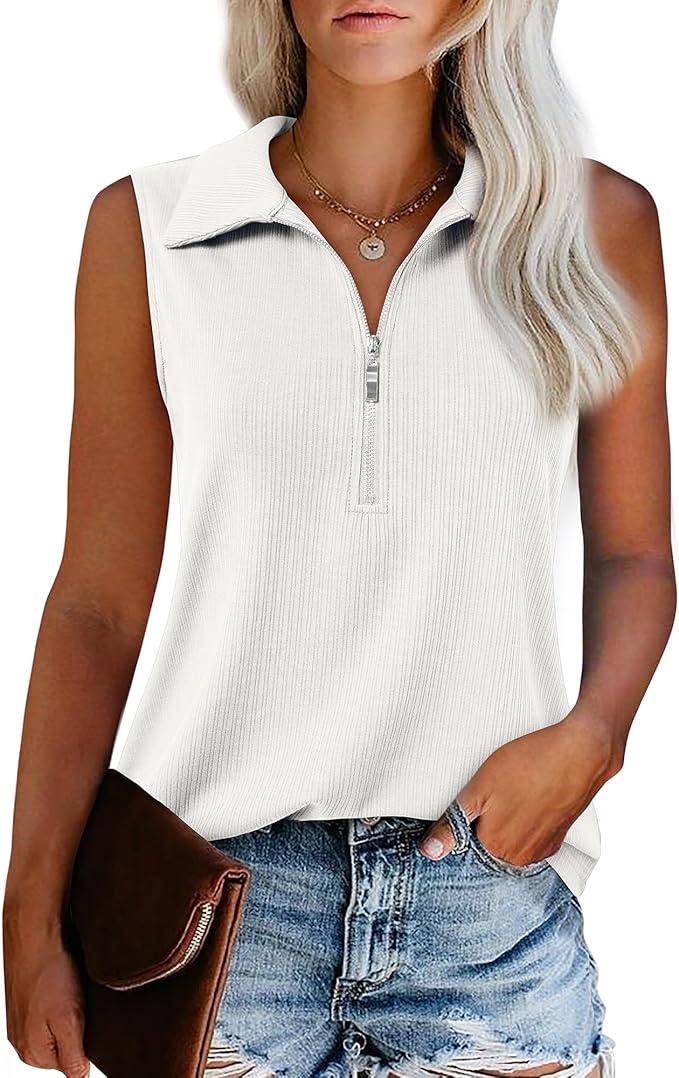 Vivilli Womens Ribbed Tank Top Zipper V Neck Dressy Casual Blouses Sleeveless Camisole Tops Work Tank Polo Shirts S