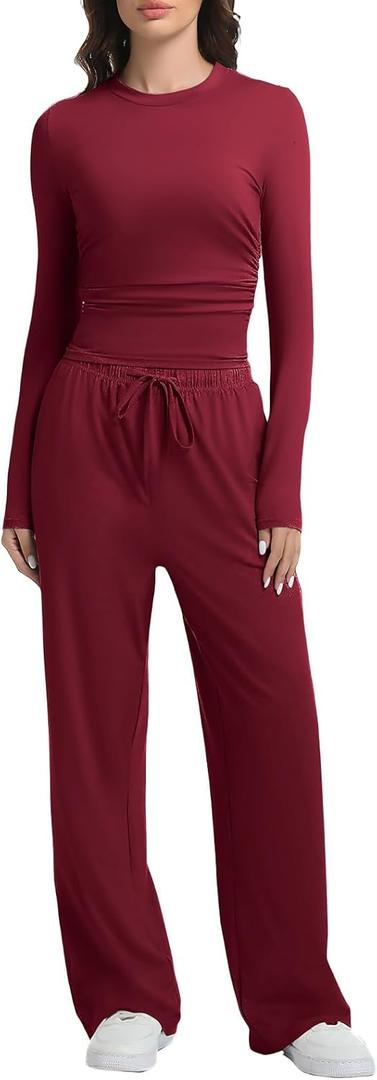 2 Piece Lounge Sets for Women Fall Outfits Long Sleeve Wide Leg Tracksuits Womens Two Pcs Casual Matching Loungewear Set (Large, Wine Red)