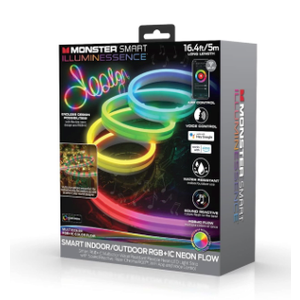Monster 16.4ft Neon Flow Indoor/Outdoor Multi-Zone LED Light Strip, Create Unique Multicolor Lighting With App, Flexible, Waterproof, Works With Alexa/Google Assistant/Siri, Mounting Clips Included