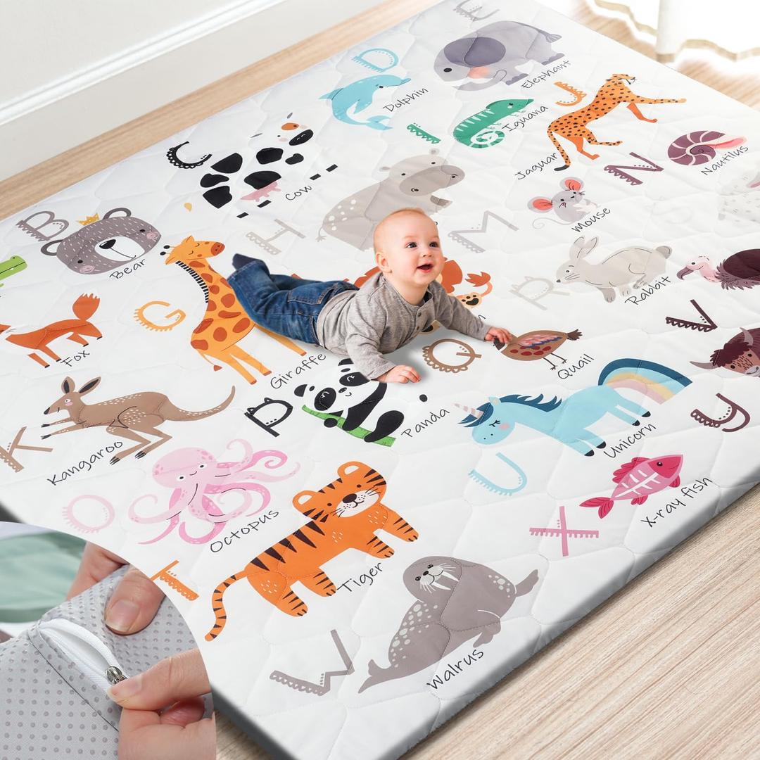 Premium Foam Baby Play Mat 71" x 59"  Removable & Machine Washable Cover, Extra Thick Padding Playpen Mat, Non-Slip Crawling Mat, Easy to Clean for Infants, Toddlers & Babies (Alphabet Zoo)
