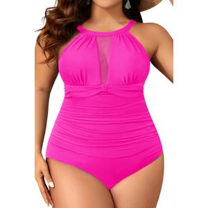 Aqua Eve Plus Size Swimsuit Women One Piece Swimsuit Tummy Control High Neck Bathing Suit Ruched Swimwear (Hot Pink) Size 18W
