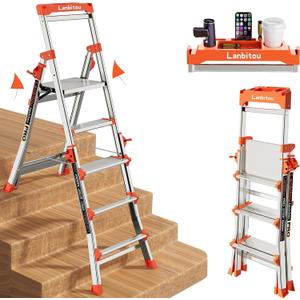LANBITOU Ladder, Aluminum 5 Step Ladder with Handrails, Anti-Slip Wide Pedal, Tool Platform, Folding Step Stool Step Ladder for Stairs Home Outdoor Work, Lightweight-Portable, 330lbs-Capacity