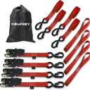 Ratchet Straps, Boat Tie Down Straps to Trailer, Motorcycle Straps, Kayak Tie Downs, 4-PK 1" x 15ft, 1800 LB Break Strength Safety Lock S Hooks & 4 Soft Loops-Secure, Rubber Coated Handle Red