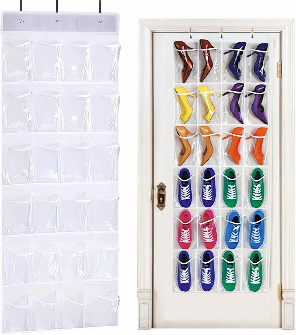 24-Pocket Over-The-Door Shoe Organiser, Folding Hanging Organiser with Hooks, Heavy-Duty Hanging Mesh Holder for Bedroom, Bathroom, Wardrobe (1pc)