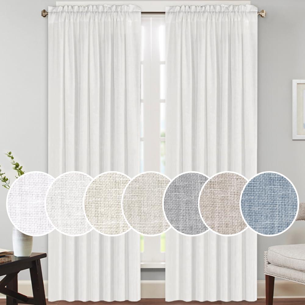 PrinceDeco Linen Curtains 84 Inch Long Rod Pocket Window Drapes for Bedroom Energy Saving Light Reducing Vertical Drapes Country Rustic Linen Blended Curtains, 2 Panels (White, 52" W x 84" L)