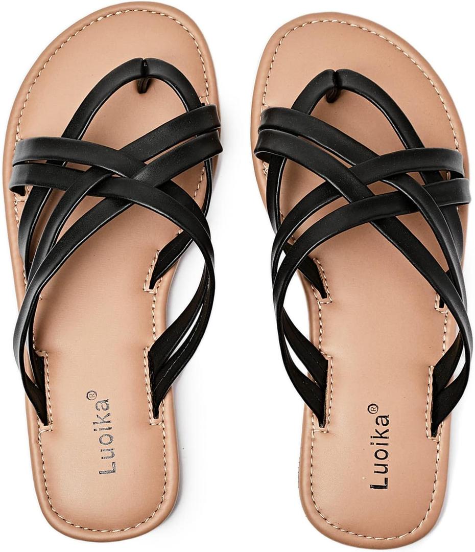 Luoika Women's Wide Width Flat Sandals, Flip Flop Slides Sandal Casual Strapy Sandal Slip on Summer Beach Shoes for Women. (9.5 X-Wide, Black 102)