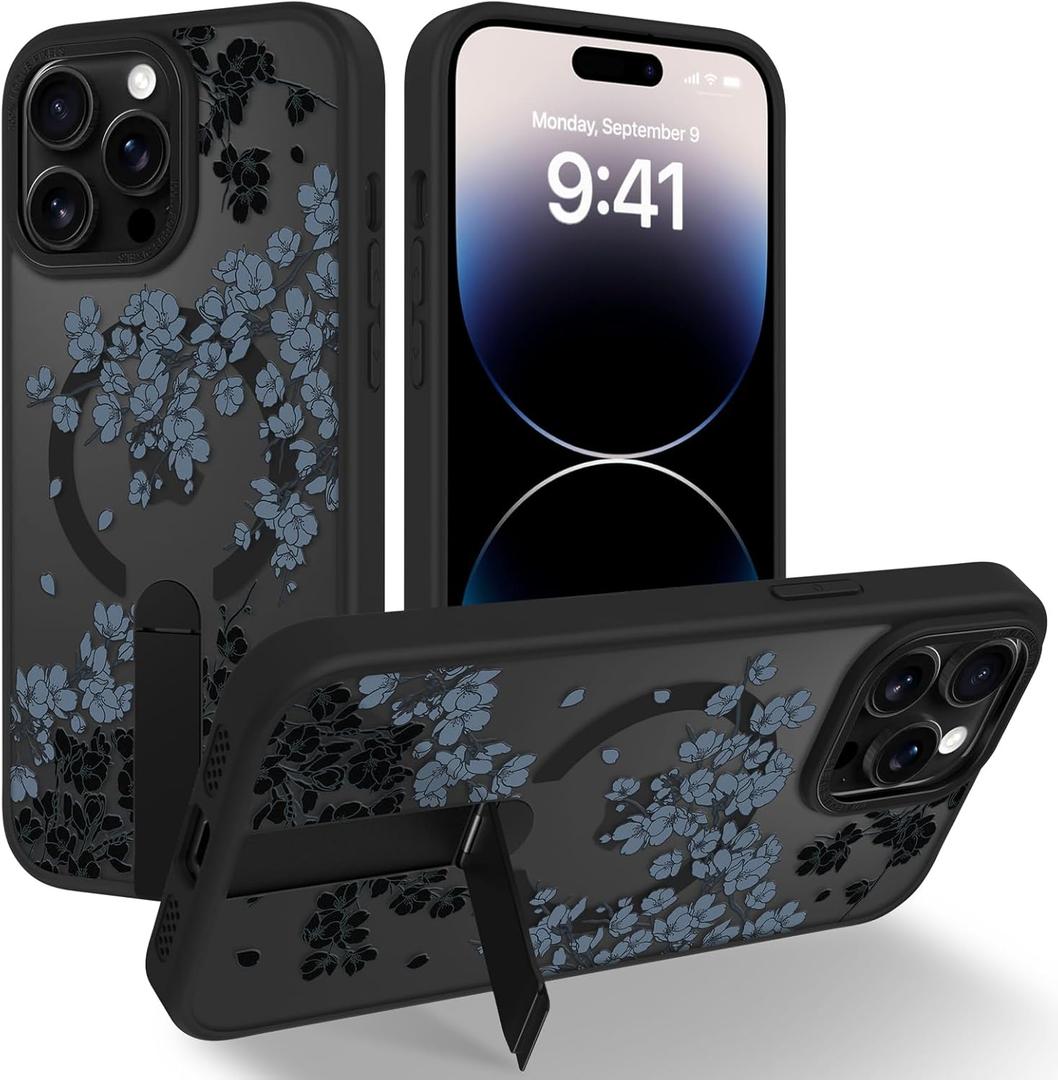 OOK Case Fit for iPhone 14 Pro Max 6.7 Inch (Compatible with MagSafe) Gray Floral Flowers Soft TPU and Hard PC Phone Cover with Kickstand Anti-Scratch Shockproof Protection Magnetic Case for Women