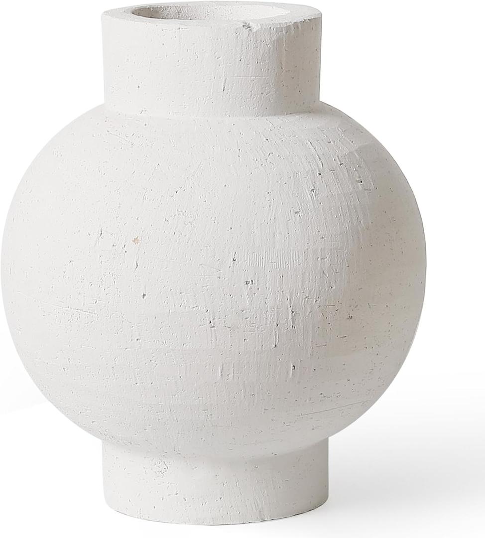 Kokrose White Vase -11.8 Inch Sandstone White Ceramic Vase, Large Rustic Farmhouse Tall Terracotta Vase for Home Decor Living Room, Round Vases for Flowers