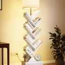 9 Tier Tree Bookshelf with Light and Drawer, Floor Standing Bookshelf Storage Organizer for Books/CDs, 9 Shelf Small Bookcase for Bedroom, Living Room, White