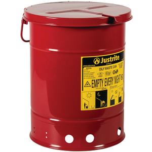 Justrite 6 Gallon Galvanized Steel Oily Waste Can, 16" x 12" Metal Oil Rag Safety Can with Hand Operated Self-Closing Lid for Oil Rag Disposal, Made in The USA, Red, 09110