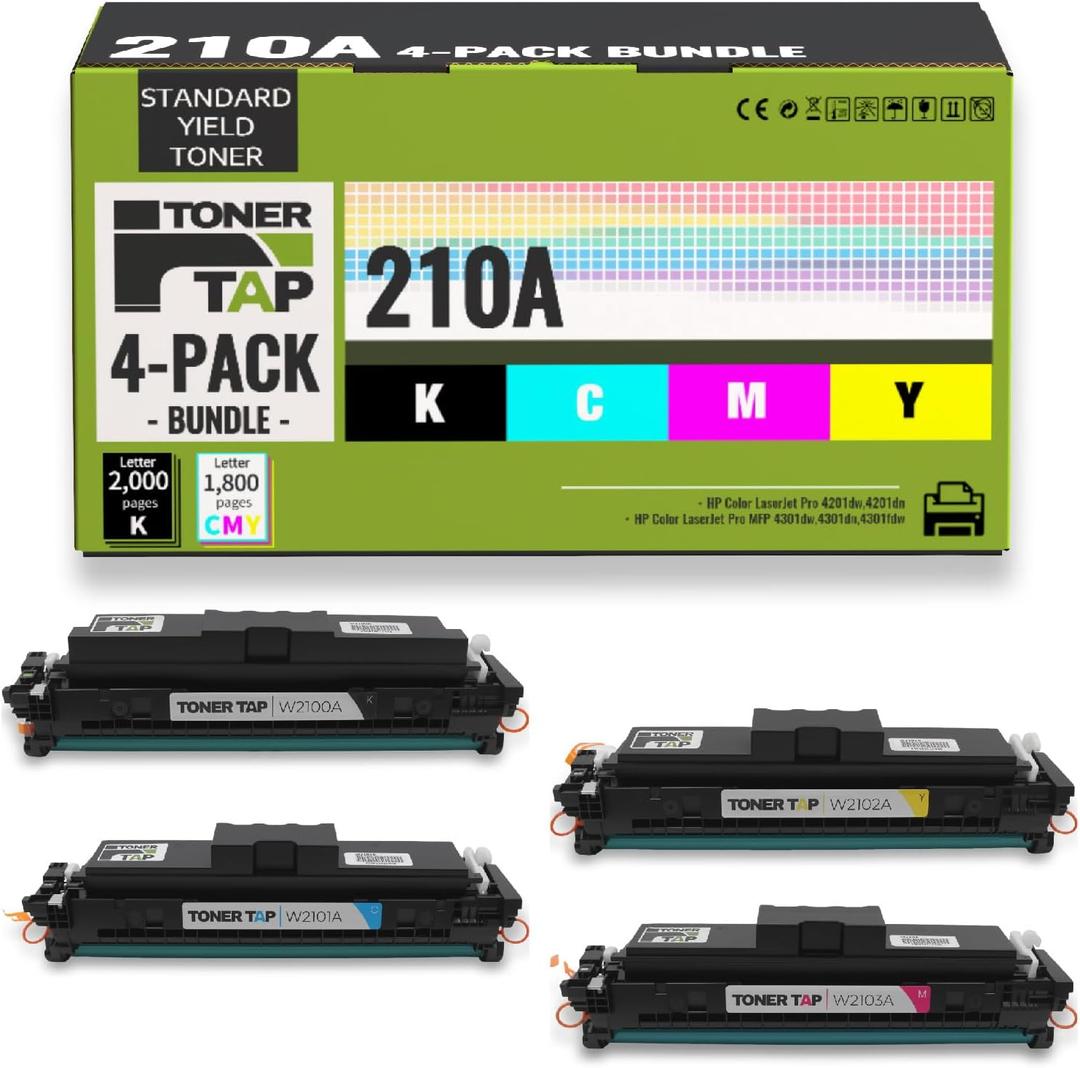TonerTap 210A Toner Cartridges 4-Pack Compatible with HP Color LaserJet Pro 4201dw, 4201dn, HP Color LaserJet Pro MFP 4301dw, 4301dn, 4301fdw, W2100A W2101A W2103A W2102A Toner