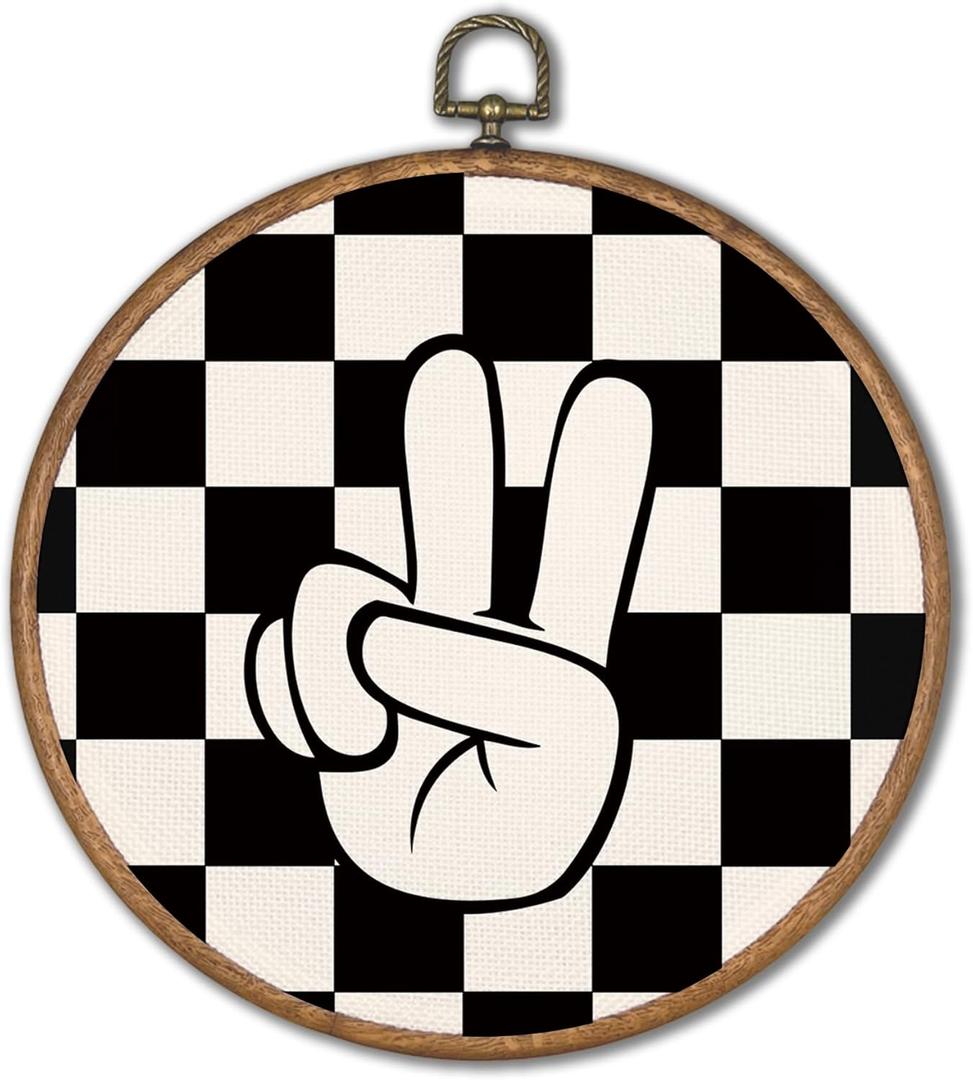 KSDUT Retro Classroom Wall Decor Art - Black Checkered Preppy Wall Art Canvas Frame Hanging Prints, Peace Sign Trendy Wall Art Decor for Home Boys Room Dorm Decorations 10"x10"