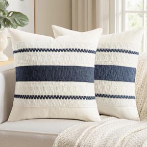 Woaboy Set of 2 Decorative Pillow Covers Boho Farmhouse Couch Throw Pillows Modern Cotton Cushion Covers Macrame Woven Spring Home Decor for Bed Sofa Chair 18x18 Inch Navy Blue