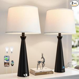 Seealle Modern Table Lamps Set of 2 - Touch Bedside Lamp for Nightstand with Dual USB C+A,3-Way Dimmable Black Nightstand Lamps for Living Room Bedroom End Table (Bulb Included)