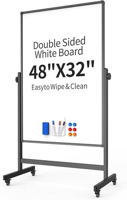 48x32 Mobile Whiteboard on Wheels, Height Adjustable Dry Erase Board, Black
Double Sided Magnetic Surface, 44-87in Height Range, 360° Rotation, Black Frame and Locking Casters for Office and Classroom