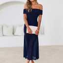 Simplee Womens Summer Off Shoulder Maxi Dress 2026 Ruched Bodycon Flowy Tulle Formal Cocktail Wedding Guest Long Dresses (Blue, L)