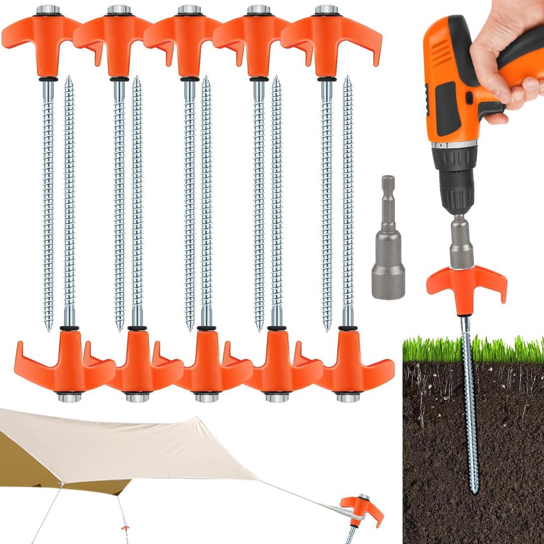 10 Pcs 8 Inch Screw in Tent Stakes Tent Pegs Heavy Duty, Camping Stakes for Inflatables with Hex Head Driver, Ground Stakes Tent Spikes for Camping Patio, Garden, Beach, Grassland, Outdoor(Orange)