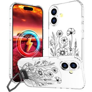Compatible with iPhone 16 Plus Case Magsafe Clear,Magnetic Transparent Designer Cute Silicone Phone Cover Cases for Women - Black Flowers Line Art
