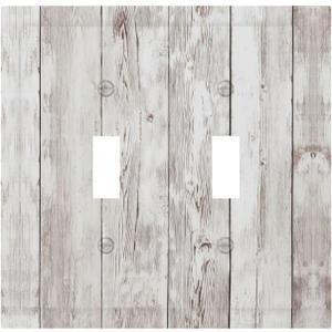 Rustic White Grey Wood Cabin Light Switch Cover Decorative Country Farmhouse Gray Wooden 2 Gang Double Toggle Wall Plate Switchpalte Electrical Faceplate for Bathroom Kitchen Home 5" x 4.9"