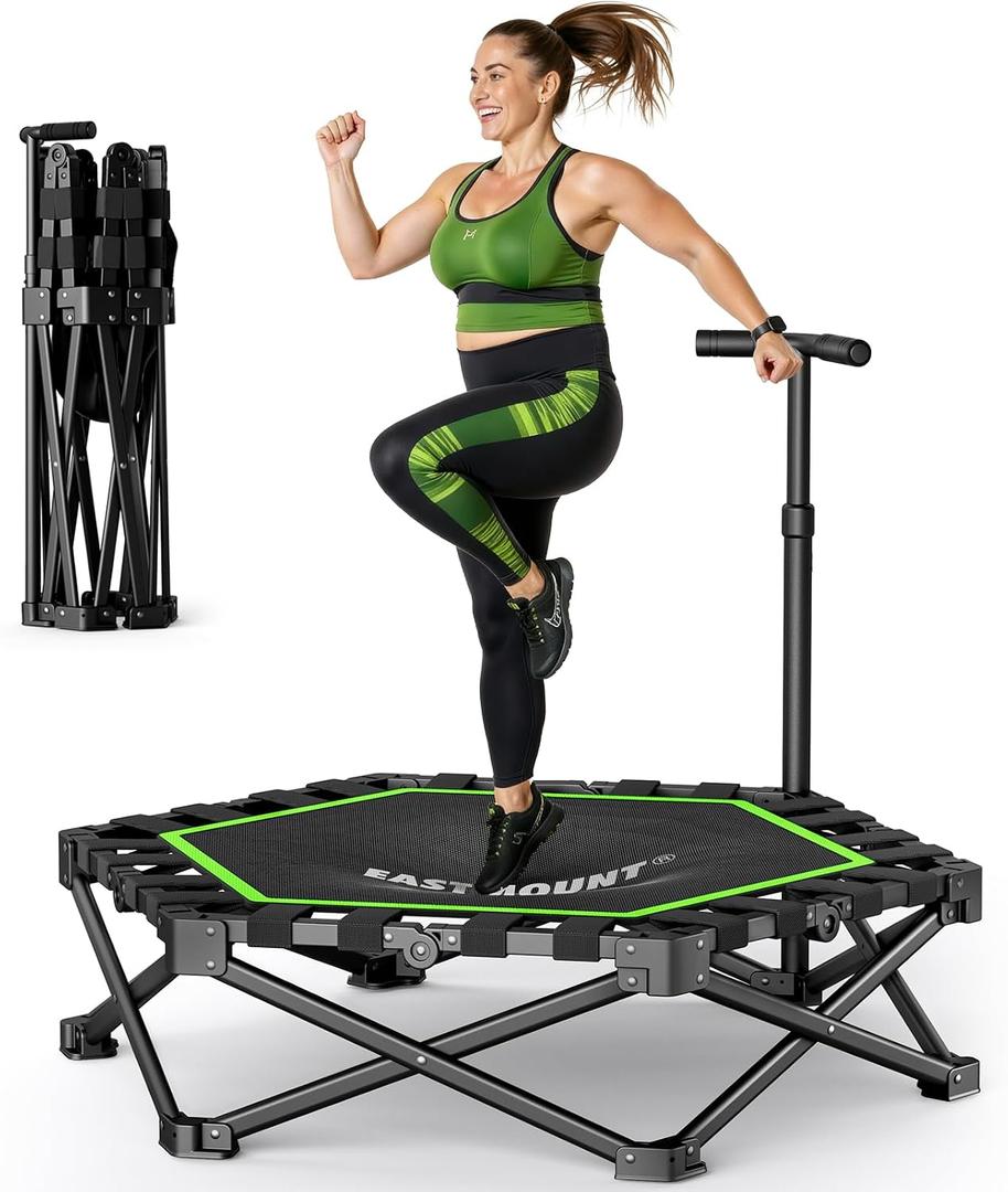 EAST MOUNT 42" Foldable Mini Trampoline for Adults, Quiet Fitness Rebounder with Adjustable Handle, No-Assembly Indoor Exercise Trampoline, 450LBS Capacity