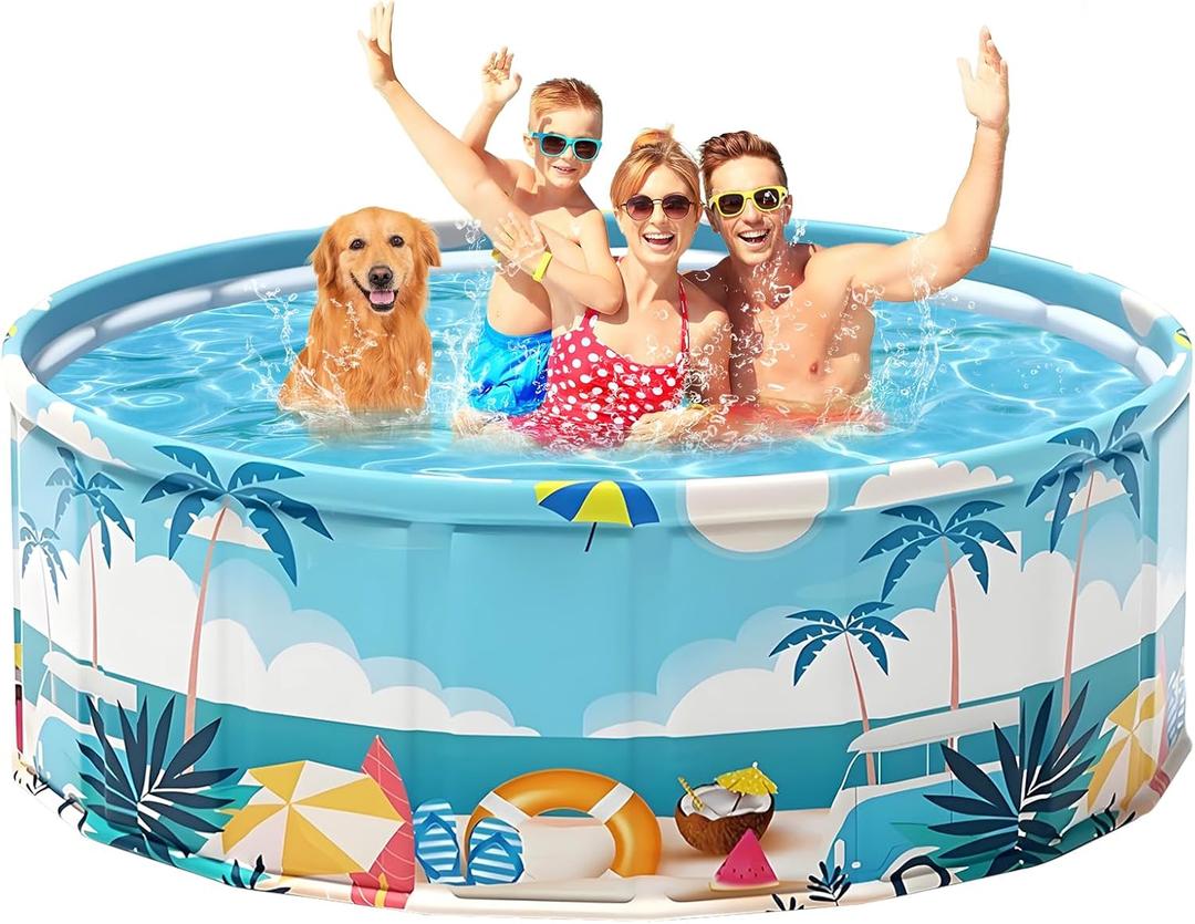 Foldable Swimming Pool for Kids 78.7"x17.7" Hard Plastic Portable Dog Pool Anti-Slip Collapsible Large Kiddie Pool Indoor Outdoor Backyard (Beach Party 79'')
