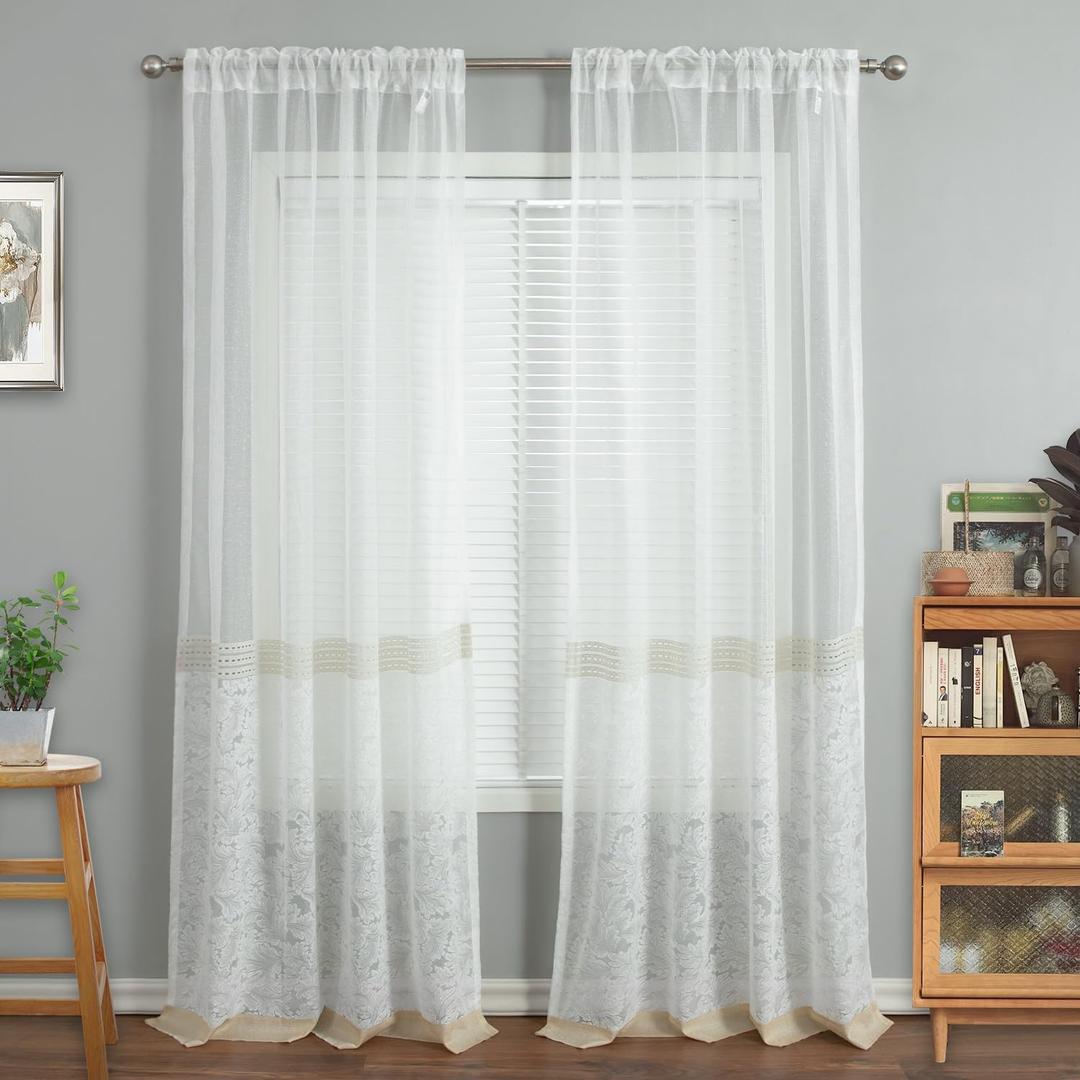 VOGOL Farmhouse Sheer Curtains with Lace Embroidered Leaf Window Drapes Light Filtering Voile Panels for Romantic and Elegant Home Decor 2 Panels, 
52 x 96
 (*Beige B1)