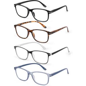 4 Pack Reading Glasses Men Women Spring Hinges Comfortable Glasses for Reading (Black+blue+slivery+tortoiseshell)
