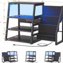 AV Media Stand with Outlets, Stereo Stands and Racks with Vinyl Storage, Stereo Stand with Record Storage, Audio Stereo Rack Cabinet, Turntable Console Stand with LED lights, 4 Tiers, Black Ebony