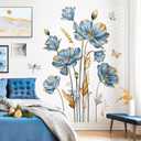decalmile Large Blue Flower Wall Stickers Floral Butterfly Plants Gold Leaves Wall Decals Bedroom Living Room Sofa TV Background Wall Decor