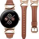 Minyee Leather Band Compatible with Google Pixel Watch 4/3 41mm/Pixel Watch 2/1 Bands Women,Slim Thin Dressy Designer Premium Leather Strap with C-Shape Metal Buckle for Google Smartwatch Accessories (Brown/Rose Gold)