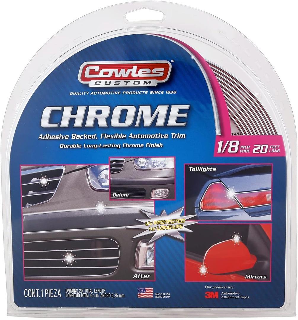 Cowles Custom - Premium Universal Body Molding for All Vehicle - Easy Install, Chrome Finish, 1/8" by 20 feet, UV Protected, Long Lasting Flexible PVC