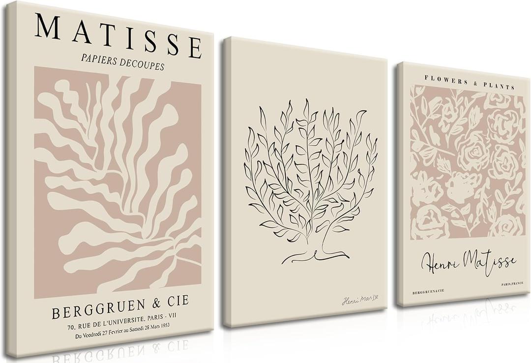 Matisse Aesthetic Canvas Wall Art Set of 3, Abstract Henri Matisse Beige Neutral Wall Home Decor Boho Flower Abstract Poster Prints, for Living Room Bedroom, 12x16 Framed