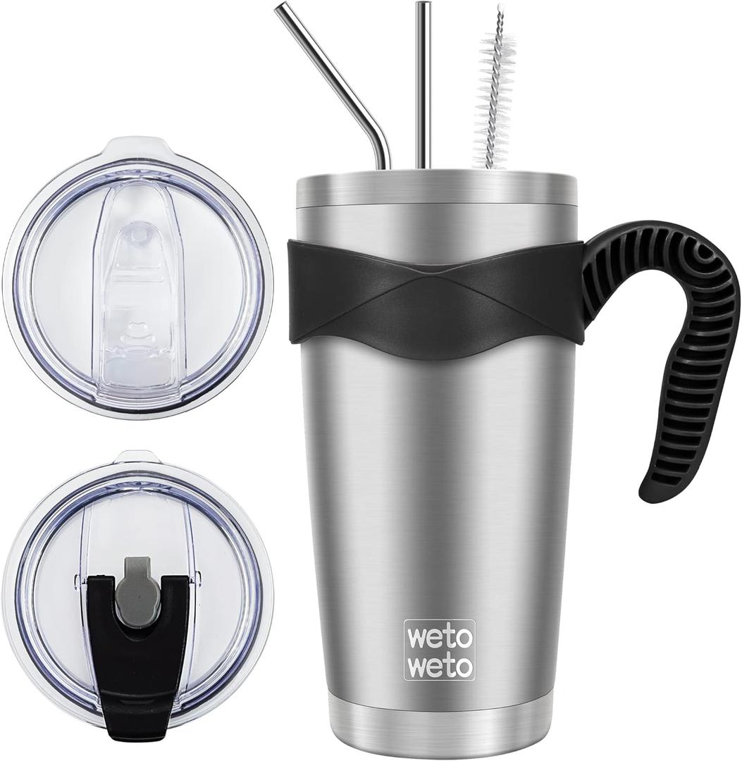 WETOWETO 20oz Tumbler with 2 lids and 2 straws, Stainless Steel Vacuum Insulated Water Coffee Tumbler with Handle, Double Wall Powder Coated Travel Mug Thermal Cup (Stainless, Pack of 1) WETOWETO 20oz Tumbler with 2 lids and 2 straws, Stainless Steel Vacuum Insulated Water Coffee Tumbler with Handle, Double Wall Powder Coated Travel Mug Thermal Cup (Stainless, Pack of 1)