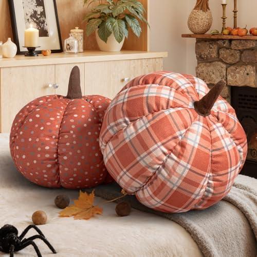 Lanpn Fall Pumpkin Pillow Set of 2, Halloween Decoration Throw Pillow Soft Cute 3D Shaped Cushion for Sofa Couch Bedroom Autumn Thanksgiving Halloween Decor (2 Different Print, 12.6x10.6in)