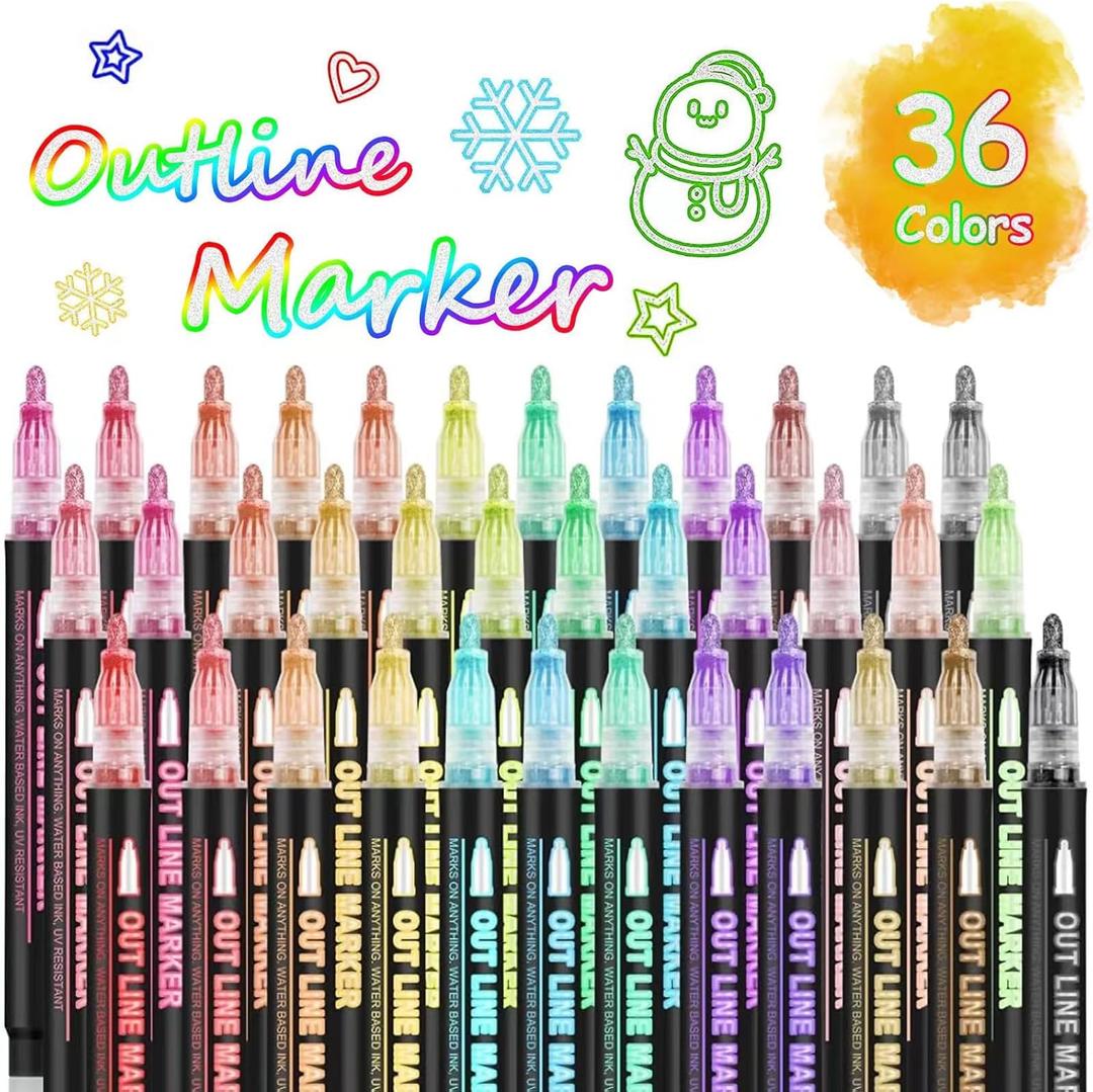 Double Line Super Squiggles Glitter & Metallic Markers, 36 Colors - Self Outline Pens for Doodle Art, Greeting Cards & Crafts (1 Count (Pack of 36))