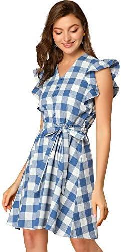 Allegra K Women's Ruffled Sleeve Belted Vintage Check Plaid Casual Summer Dress M