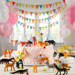 Soulchen 60 Jungle Animals Birthday Party Decorations Animal Figurines Cake Toppers with 60 Mini DIY Paper Hats 60 Bows for Safari Cake Decorations Wild Zoo Themed Party Decoration