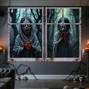 2 Pcs Scary Ghost Halloween Curtains Banner, Window Silhouette Blood Door Cover Horror Poster Spooky Backdrop for Windows Wall Living Room Indoor Outdoor Halloween Party Decor Props