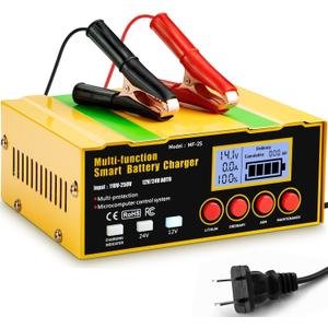 12-Amp Smart Battery Charger, Lithium, Lead-Acid(AGM/Gel/SLA) Pulse Repair Car Battery Charger, Trickle Charger, Maintainer/Deep Cycle Charger,12V/10A | 24V/7.5A for Automotive, Boat, Motorcycle, Lawn Mower