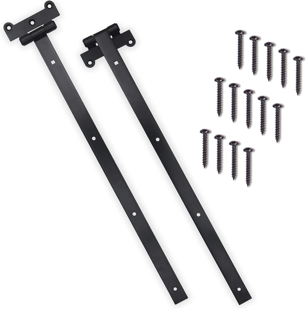 24" Black Door Hinges  2Pcs Gate Hinges with 14 Mounting Screws  Heavy Duty 4mm Thick Iron Construction with Black Powder Coating  Ideal for Gates, Sheds, Barns